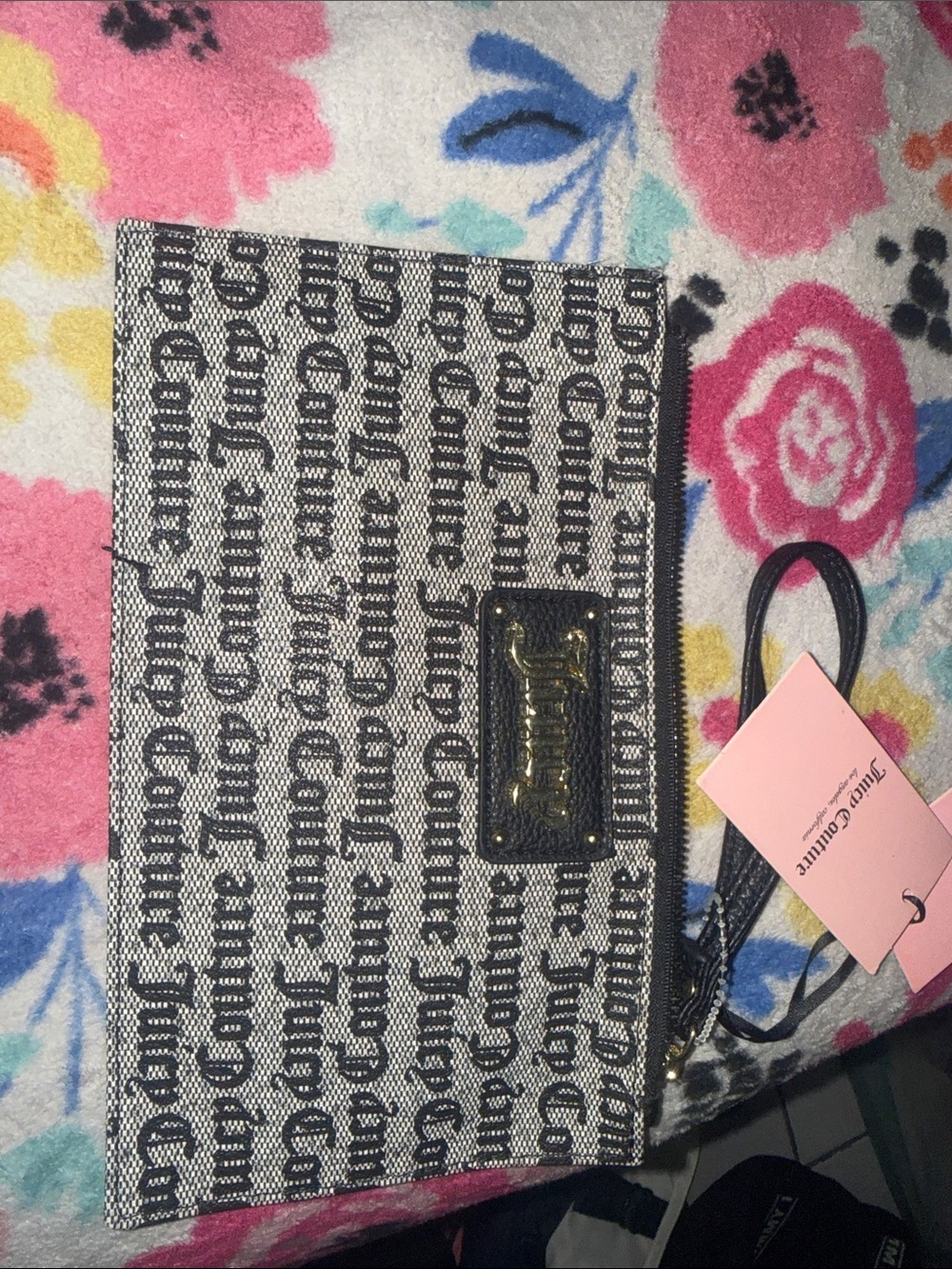 Juicy Couture Black & White Logo Zip Wristlet with Gold Plaque